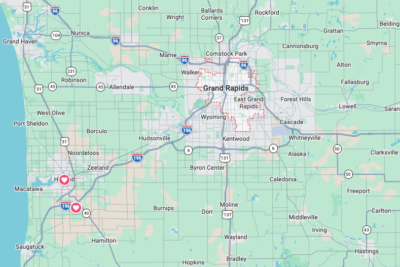 Map of Above Roofing service area in West Michigan