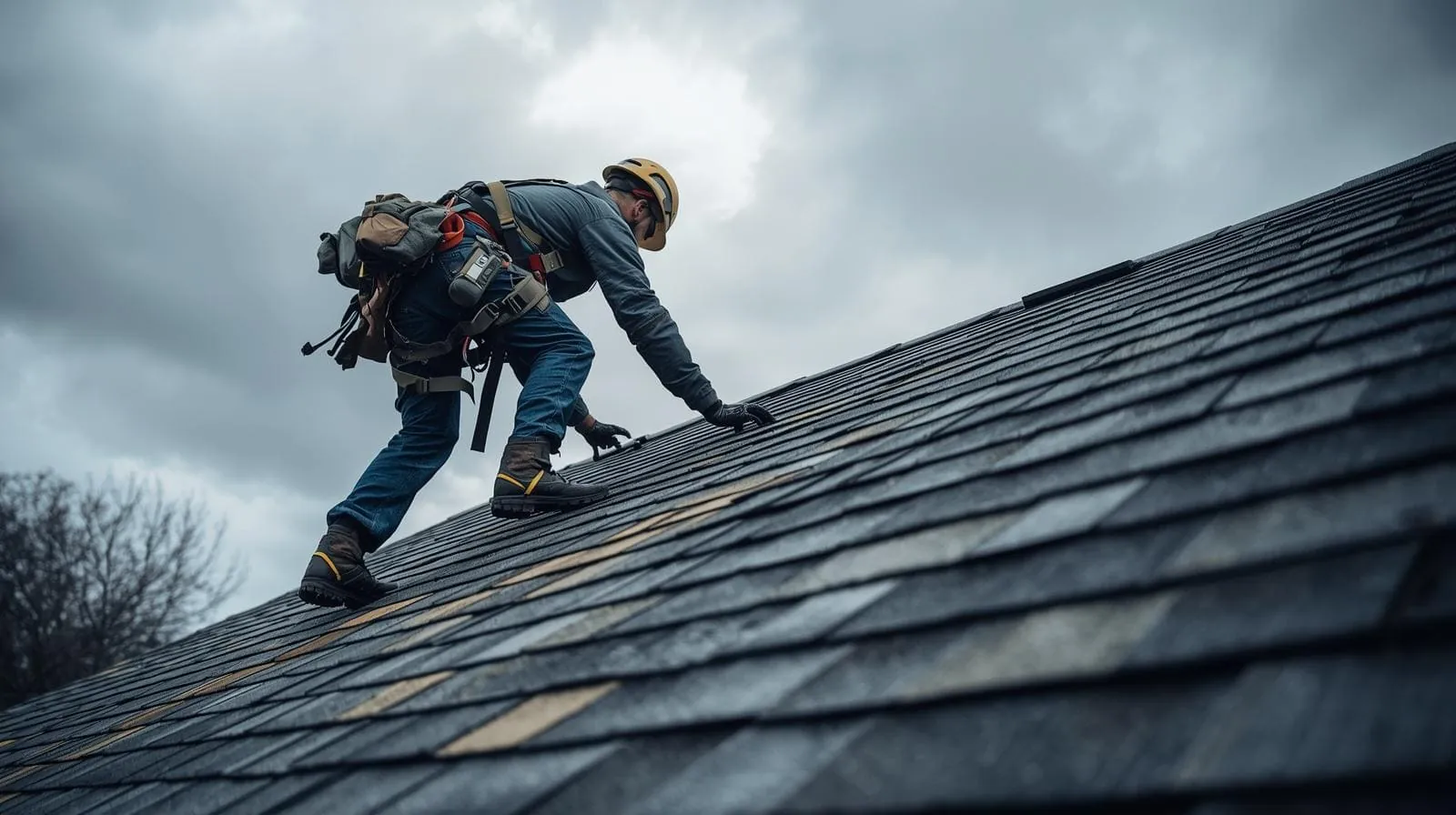 Roofer on residential roof preparing for roof repair
