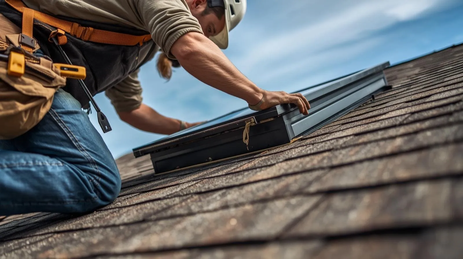 Roofer installing a skylight on a residential roof