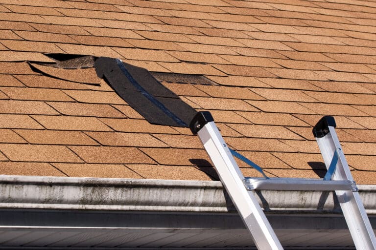 Shingles missing on a damaged roof